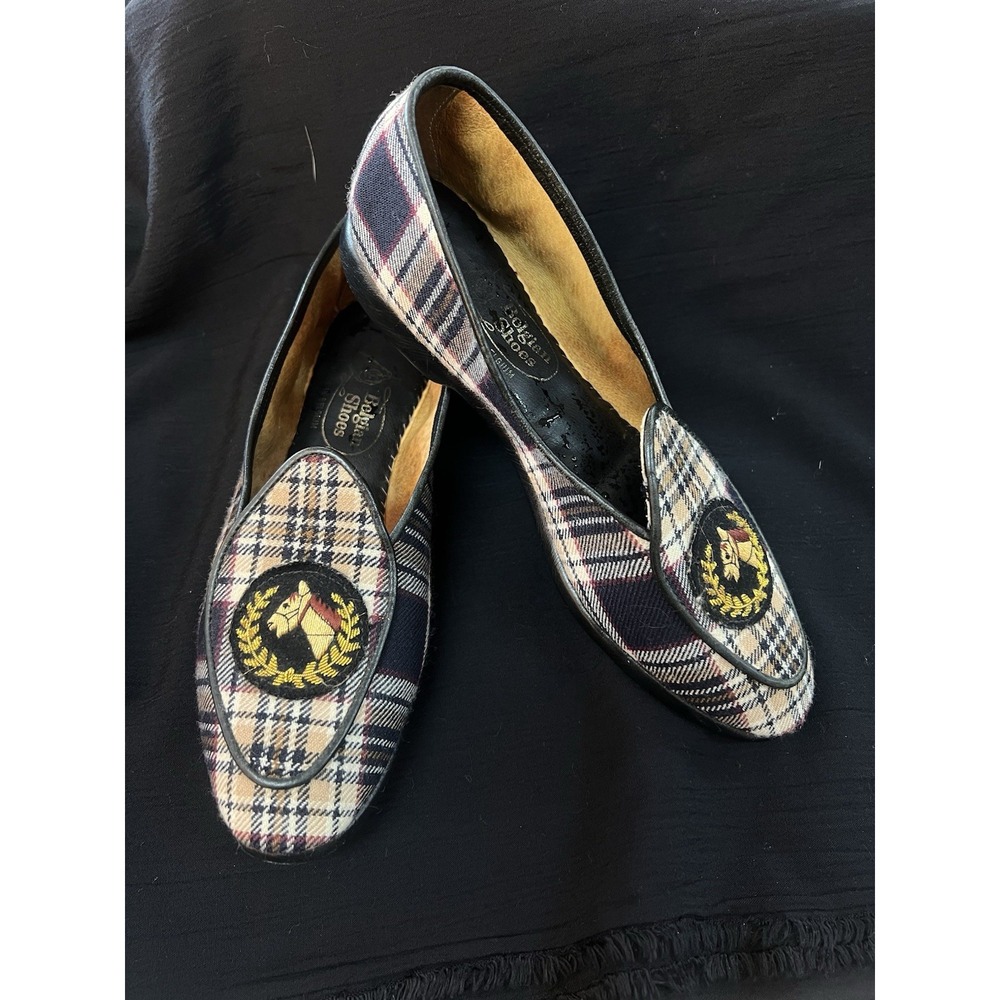Belgian Shoes Slipper Loafers Women 6.5 Plaid Equestrian Horse Crest Flats